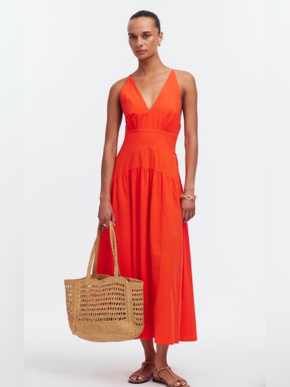 Madewell Smocked Halter Midi Dress in Poplin Brilliant Tangerine Size 2